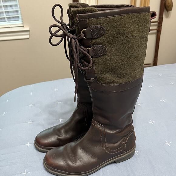 UGG Waterproof Elsa Boots Sz 7 Brown/Green Lace Up Leather/Wool Sherpa Lining - Picture 1 of 8